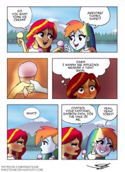 Size: 1537x2114 | Tagged: safe, artist:ringteam, imported from derpibooru, rainbow dash, sunset shimmer, equestria girls, blushing, comic, food, ice cream, implied appledash, implied lesbian, implied shipping, shipping, smiling, sunset using her powers