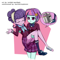 Size: 1000x1000 | Tagged: safe, artist:twilite-sparkleplz, imported from derpibooru, sunny flare, suri polomare, equestria girls, friendship games, accident, ass, bandage, barefoot, blushing, bridal carry, butt, carrying, clothes, commissioner:shortskirtsandexplosions, cooking pot, crystal prep academy uniform, cute, duo, duo female, feet, female, hairpin, i can't believe they're not fembois, injured, legs, miniskirt, one shoe off, pleated skirt, school uniform, schrödinger's pantsu, shoes, skirt, socks, suri booty, thighs