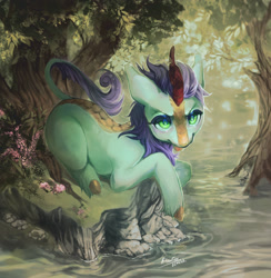 Size: 1398x1432 | Tagged: safe, artist:elzafox, imported from derpibooru, oc, oc only, oc:searing cold, kirin, forest, male, on side, side, solo, tree, water