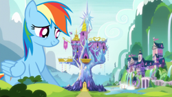 Size: 1920x1080 | Tagged: safe, imported from derpibooru, rainbow dash, twilight sparkle, alicorn, pegasus, pony, female, giant pony, macro, school of friendship, size difference, twilight sparkle (alicorn), twilight's castle