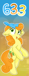 Size: 633x1633 | Tagged: safe, artist:rainbow eevee, imported from derpibooru, carrot top, golden harvest, earth pony, pony, :p, bipedal, colored pupils, cutie mark, female, gradient background, looking at you, number, numbers, snapback, solo, tongue out