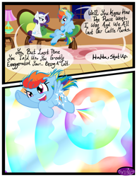 Size: 3500x4500 | Tagged: safe, artist:becauseimpink, imported from derpibooru, rainbow dash, rarity, pegasus, pony, unicorn, comic:transition, comic, cutie mark, dialogue, elusive, female, filly, filly rainbow dash, flying, grin, male, open mouth, rainbow blitz, rainbow trail, rule 63, sitting, smiling, sonic rainboom, stallion, transgender, unshorn fetlocks, younger