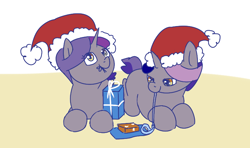 Size: 710x420 | Tagged: safe, artist:anonymous, imported from derpibooru, oc, pony, unicorn, /mlp/, 4chan, christmas, cute, drawthread, duo, hat, holiday, present, santa hat