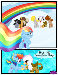 Size: 3500x4500 | Tagged: safe, artist:becauseimpink, imported from derpibooru, dumbbell, gilda, hoops, quarterback, rainbow dash, griffon, pegasus, pony, comic:transition, cloud, colt, comic, dialogue, dumb belle, female, filly, filly rainbow dash, flying, grin, guilder, handshake, male, on a cloud, one eye closed, rainbow trail, raised hoof, rule 63, smiling, surprised, transgender, wink, younger