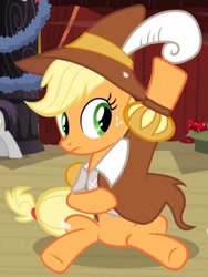 Size: 794x1058 | Tagged: safe, imported from derpibooru, screencap, applejack, smart cookie, pony, hearth's warming eve (episode), backstage, canterlot, clothes, cropped, cute, dressing, feather, feathered hat, hat, hearth's warming eve, jackabetes, outfit, stage