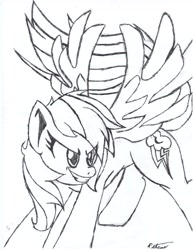 Size: 5100x6600 | Tagged: safe, artist:petanoprime, imported from derpibooru, rainbow dash, pegasus, pony, female, grin, lineart, mare, monochrome, signature, smiling, solo, traditional art