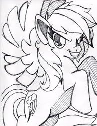 Size: 2531x3281 | Tagged: safe, artist:petanoprime, imported from derpibooru, rainbow dash, pegasus, pony, female, grin, lineart, mare, monochrome, rearing, smiling, solo, traditional art