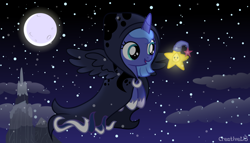 Size: 800x457 | Tagged: safe, artist:creativeli3, imported from derpibooru, princess luna, spirit of hearth's warming yet to come, twinkle wish, alicorn, pony, a hearth's warming tail, twinkle wish adventure, clothes, cute, female, filly, full moon, hat, hnnng, hoof shoes, luna day, lunabetes, moon, night, nightcap, nightgown, sleeping cap, woona, younger