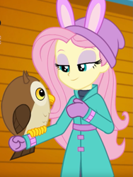 Size: 771x1027 | Tagged: safe, imported from derpibooru, screencap, chad (g4), chad (owl), fluttershy, bird, owl, equestria girls, equestria girls series, holidays unwrapped, spoiler:eqg series (season 2), clothes, coat, cropped, cute, female, hat, mittens, self-storage facility, solo, winter break-in, winter coat, winter outfit