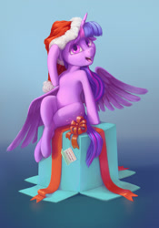 Size: 1396x1992 | Tagged: safe, artist:stratodraw, imported from derpibooru, twilight sparkle, alicorn, pony, semi-anthro, box, christmas, crossed hooves, female, hat, holiday, santa hat, smiling, solo, twilight sparkle (alicorn)