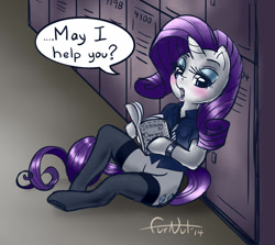 Size: 1110x989 | Tagged: safe, artist:furnut5158, imported from derpibooru, rarity, semi-anthro, unicorn, 2014, blushing, book, bottomless, clothes, eyelashes, female, fishnets, lockers, makeup, partial nudity, reading, sitting, solo, speech, watch