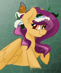 Size: 1544x1848 | Tagged: safe, artist:cadetredshirt, imported from derpibooru, oc, oc only, butterfly, pegasus, pony, butterfly wings, colored pupils, ear fluff, flower, flower in hair, looking at camera, looking at you, one eye closed, raised hoof, simple background, smiling, solo, two toned hair, wings, wink