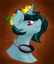 Size: 1732x2048 | Tagged: safe, artist:cadetredshirt, imported from derpibooru, oc, oc only, oc:beatspark, pony, unicorn, bust, colored pupils, digital art, ear fluff, flower, flower in hair, headphones, horn, looking at camera, looking at you, male, simple background, smiling, solo, two toned mane