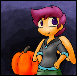 Size: 1280x1275 | Tagged: safe, artist:zutcha, imported from derpibooru, scootaloo, human, female, humanized, pumpkin, solo, winged humanization, wings