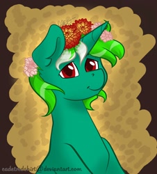 Size: 1848x2048 | Tagged: safe, artist:cadetredshirt, imported from derpibooru, oc, oc only, oc:heavy eyes, pony, unicorn, bust, colored pupils, ear fluff, floral head wreath, flower, flower in hair, horn, looking at camera, male, simple background, smiling, solo, stallion, two toned mane