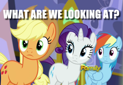 Size: 1081x749 | Tagged: safe, edit, edited screencap, imported from derpibooru, screencap, applejack, rainbow dash, rarity, party pooped, caption, cropped, discovery family logo, image macro, juxtaposition bait, reaction image, text