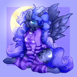 Size: 2589x2599 | Tagged: safe, artist:sintheraccoon, imported from derpibooru, princess luna, alicorn, anthro, unguligrade anthro, arm hooves, blushing, breasts, busty princess luna, clothes, cutie mark, female, mare, open mouth, smiling, socks, solo, spread wings, striped socks, sweater, wings