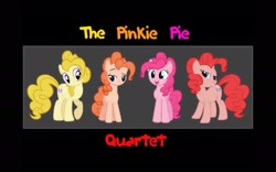 Size: 1920x1200 | Tagged: safe, imported from derpibooru, pinkie pie, earth pony, pony, banana pie (the pinkie pie quartet), bedroom eyes, cherry pie (the pinkie pie quartet), female, group, mare, peachy pie (the pinkie pie quartet), quartet, recolor, smiling, text, the pinkie pie quartet, unamused, youtube link