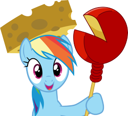 Size: 3300x3000 | Tagged: safe, artist:cloudy glow, artist:cloudyglow, imported from derpibooru, rainbow dash, pegasus, pony, pinkie pride, .ai available, cheese, cheese hat, edam, female, food, hat, high res, mare, simple background, smiling, solo, transparent background, vector