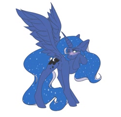 Size: 909x879 | Tagged: safe, artist:sintheraccoon, imported from derpibooru, princess luna, alicorn, pony, blushing, cutie mark, ethereal mane, female, mare, missing accessory, one eye closed, raised hoof, simple background, solo, spread wings, starry mane, white background, wings