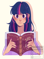 Size: 1427x1900 | Tagged: safe, artist:manella-art, imported from derpibooru, twilight sparkle, human, book, bust, female, humanized, portrait, solo