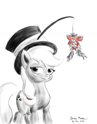 Size: 1100x1400 | Tagged: safe, artist:rockhoppr3, imported from derpibooru, applejack, pony, female, hat, holly, holly mistaken for mistletoe, monochrome, neo noir, partial color, solo, top hat