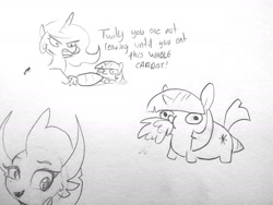 Size: 1827x1375 | Tagged: safe, artist:tjpones, imported from derpibooru, princess celestia, smolder, twilight sparkle, alicorn, dragon, pony, unicorn, all the way through, black and white, carrot, dialogue, female, food, grayscale, herbivore, literal, mare, monochrome, simple background, traditional art, twiggie, wat, white background, who needs organs?