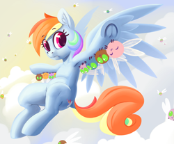 Size: 3624x3000 | Tagged: safe, artist:dimfann, imported from derpibooru, rainbow dash, parasprite, pegasus, semi-anthro, series:pony re-watch, swarm of the century, armpits, belly, clinging, cloud, creeped out, cutie mark, dock, female, holding a pony, le lenny face, looking at you, mare, solo, spread wings, uncomfortable, underhoof, upside down, uwu, wings