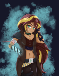 Size: 763x976 | Tagged: safe, artist:midnight-note, imported from derpibooru, sunset shimmer, cyborg, human, equestria girls, abstract background, belly button, clothes, cybernetic eyes, cyberpunk, female, humanized, midriff, solo, trenchcoat