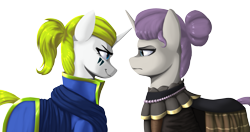 Size: 1231x649 | Tagged: safe, artist:printik, imported from derpibooru, oc, oc only, oc:honoria, oc:white star, pony, unicorn, equestria at war mod, clothes, confrontation, dress, duo, face paint, female, frown, looking at each other, mare, narrowed eyes, profile, queen, sidemouth, simple background, smiling, smirk, transparent background