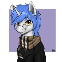 Size: 894x894 | Tagged: safe, artist:printik, imported from derpibooru, oc, oc only, oc:silver rope, pony, unicorn, abstract background, clothes, coat, commission, eye clipping through hair, glasses, looking at you, male, raised eyebrow, scarf, smiling, solo, stallion