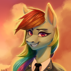 Size: 2000x2000 | Tagged: safe, artist:pilushka, imported from derpibooru, rainbow dash, adorasexy, bust, clothes, cloud, cute, portrait, sexy, smiling, sunset, uniform, wonderbolts dress uniform