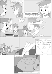 Size: 988x1417 | Tagged: safe, artist:karasu-96, imported from derpibooru, rainbow dash, spike, human, bench, black and white, bush, exclamation point, grayscale, humanized, map, monochrome, paper airplane, paper plane, question mark, sad, sketch, speech bubble