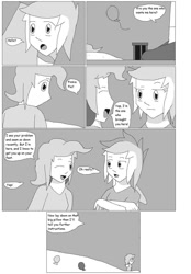 Size: 746x1071 | Tagged: safe, artist:karasu-96, imported from derpibooru, pinkie pie, rainbow dash, human, black and white, crossed arms, grayscale, humanized, looking back, monochrome, one eye closed, speech bubble