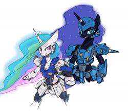 Size: 2000x1733 | Tagged: safe, artist:satv12, imported from derpibooru, nightmare moon, princess celestia, princess luna, alicorn, semi-anthro, armor, ethereal mane, female, gundam, gundam 0080: war in the pocket, gundam alex, kämpfer, mare, mobile suit gundam, ms-18 kampfer, rx-78-nt1, sharp teeth, slit eyes, slit pupils, teeth