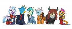 Size: 2500x1011 | Tagged: safe, artist:satv12, imported from derpibooru, gallus, ocellus, sandbar, silverstream, smolder, yona, changedling, changeling, classical hippogriff, dragon, earth pony, griffon, hippogriff, pony, yak, a.e.u.g., clothes, cloven hooves, colored pupils, cosplay, costume, cute, diaocelles, diastreamies, dragoness, eyes closed, female, gallabetes, gundam, jumpsuit, male, mobile suit zeta gundam, monkey swings, quadrupedal, sandabetes, simple background, smiling, smolderbetes, stallion, student six, sunglasses, teenager, titans, uniform, white background, yonadorable, z gundam, zeta gundam