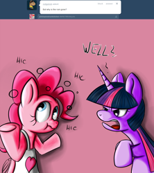 Size: 1024x1152 | Tagged: safe, artist:geneticanomaly, imported from derpibooru, pinkie pie, twilight sparkle, pony, pinkiepieskitchen, apron, clothes, drunk, drunkie pie, hiccup, hiccups, onomatopoeia