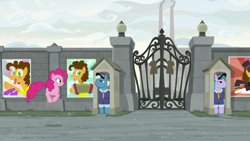 Size: 1920x1080 | Tagged: safe, imported from derpibooru, screencap, brick house, cheese sandwich, pinkie pie, tough break, earth pony, pony, the last laugh, accordion, background pony, cheese's factory, female, gate, guard, male, mare, musical instrument, stallion, wall