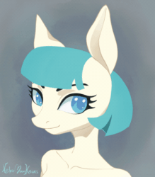 Size: 421x480 | Tagged: safe, artist:kelpiemoonknives, imported from derpibooru, coco pommel, anthro, earth pony, animated, bare shoulder portrait, bare shoulders, bust, female, gif, gray background, mare, portrait, simple background, solo
