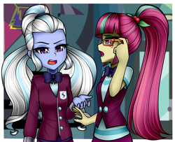 Size: 1138x924 | Tagged: safe, artist:nekojackun, edit, imported from derpibooru, sour sweet, sugarcoat, equestria girls, friendship games, bowtie, clothes, cropped, crystal prep academy uniform, crystal prep shadowbolts, duo, duo female, female, freckles, glasses, looking at you, open mouth, ponytail, school uniform, vest