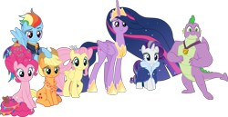 Size: 1244x642 | Tagged: safe, artist:frownfactory, imported from derpibooru, applejack, fluttershy, pinkie pie, rainbow dash, rarity, spike, twilight sparkle, alicorn, the last problem, .svg available, gigachad spike, mane seven, mane six, older, older applejack, older fluttershy, older mane seven, older mane six, older pinkie pie, older rainbow dash, older rarity, older spike, older twilight, simple background, transparent background, twilight sparkle (alicorn), vector