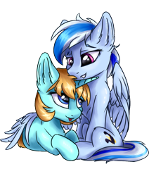 Size: 1019x1200 | Tagged: safe, artist:ravistdash, derpibooru exclusive, imported from derpibooru, oc, oc:diamonody, oc:ravist, pegasus, pony, unicorn, 2020 community collab, derpibooru community collaboration, couple, female, looking at each other, simple background, transparent background, wings