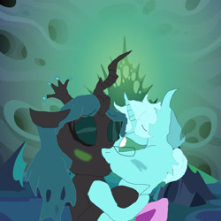 Size: 2868x2868 | Tagged: safe, imported from derpibooru, queen chrysalis, oc, changeling, blushing, blushing profusely, canon x oc, eyes closed, hive, holding hooves, kissing, self insert