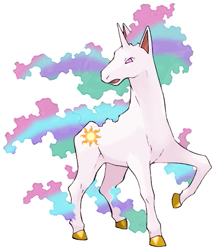 Size: 441x512 | Tagged: safe, artist:pokemoncoloursplash, imported from derpibooru, princess celestia, rapidash, crossover, ethereal fetlocks, ethereal mane, female, palette swap, pokémon, raised hoof, recolor, simple background, solo, white background