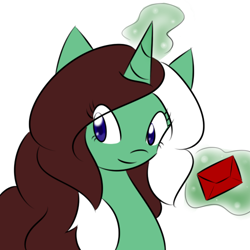 Size: 500x500 | Tagged: safe, artist:kaggy009, imported from derpibooru, oc, oc only, oc:peppermint pattie (unicorn), pony, unicorn, ask peppermint pattie, female, letter, magic, mare, solo