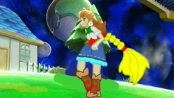 Size: 1280x720 | Tagged: safe, artist:miss-aaliyah-rosado, artist:user15432, edit, edited screencap, imported from derpibooru, screencap, applejack, human, equestria girls, apple daisy, barely eqg related, boots, clothes, crossover, crown, ear piercing, earring, high heel boots, jewelry, nintendo, piercing, ponied up, pony ears, princess daisy, regalia, screenshots, shoes, super mario bros., super smash bros., super smash bros. 4