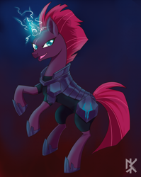 Size: 2787x3507 | Tagged: safe, artist:benkomilk, imported from derpibooru, tempest shadow, pony, unicorn, my little pony: the movie, armor, broken horn, eye scar, female, hoof shoes, horn, looking at you, mare, open mouth, scar, solo, sparking horn