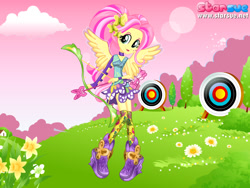 Size: 800x600 | Tagged: safe, artist:user15432, imported from derpibooru, fluttershy, human, equestria girls, friendship games, archer, archery, arrow, boots, bow (weapon), bow and arrow, clothes, dressup game, flower, hairpin, ponied up, shoes, solo, sporty style, starsue, target, weapon, wings