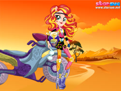 Size: 800x600 | Tagged: safe, artist:user15432, imported from derpibooru, sunset shimmer, human, equestria girls, friendship games, boots, clothes, dressup game, elbow pads, fingerless gloves, glasses, gloves, goggles, headband, helmet, high heel boots, high heels, knee pads, motocross outfit, motorcross, motorcross outfit, motorcycle, motorcycle outfit, ponied up, shoes, solo, sporty style, starsue