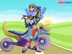 Size: 800x600 | Tagged: safe, artist:user15432, imported from derpibooru, rainbow dash, human, equestria girls, friendship games, boots, clothes, dressup game, elbow pads, glasses, goggles, helmet, high heel boots, high heels, knee pads, motocross outfit, motorcross, motorcross outfit, motorcycle, motorcycle helmet, motorcycle outfit, ponied up, shoes, solo, sporty style, starsue, wings